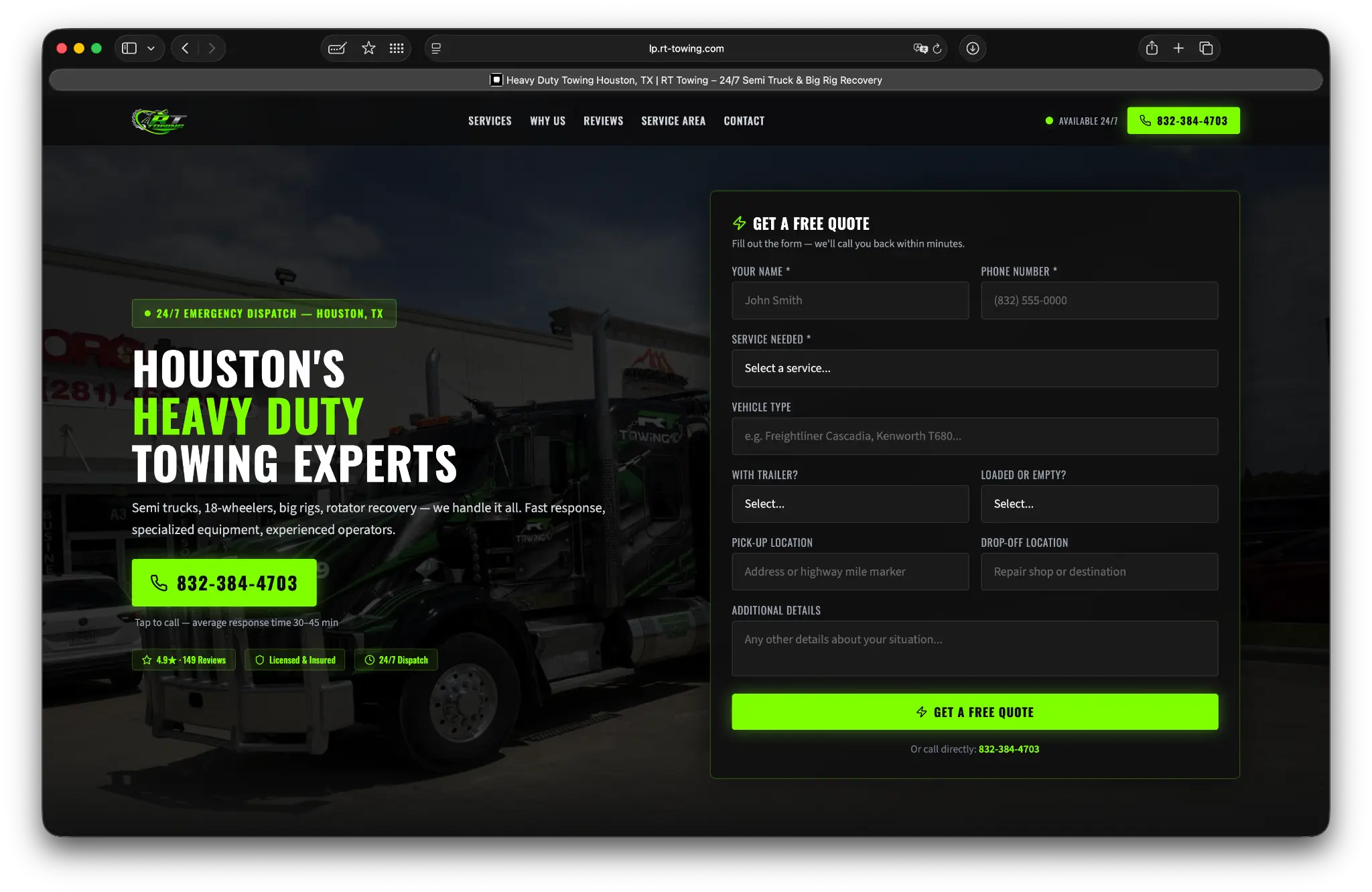 RT Towing website
